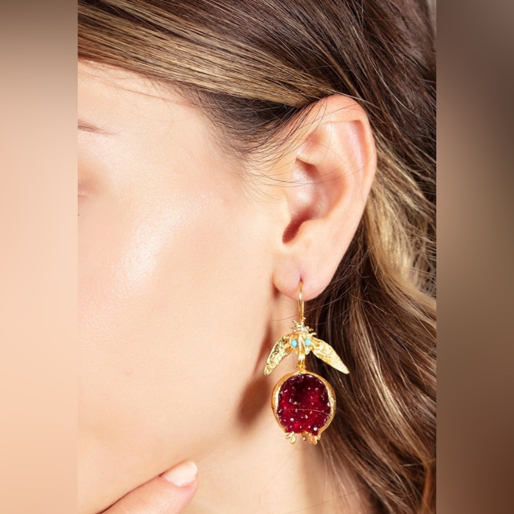 Gold and Red Pomegranate Drop Earrings